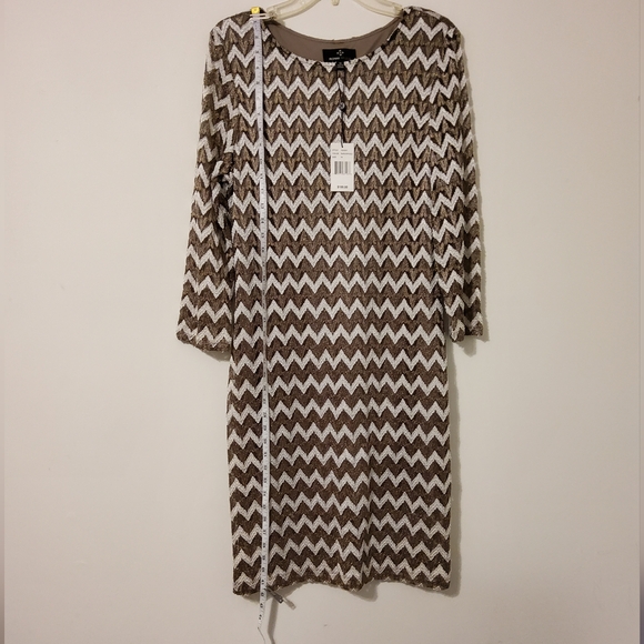 Ronni Nicole Taupe/Ivory/Gold Embroidered Chevron Print Sheath Dress Size 14 - Picture 2 of 9